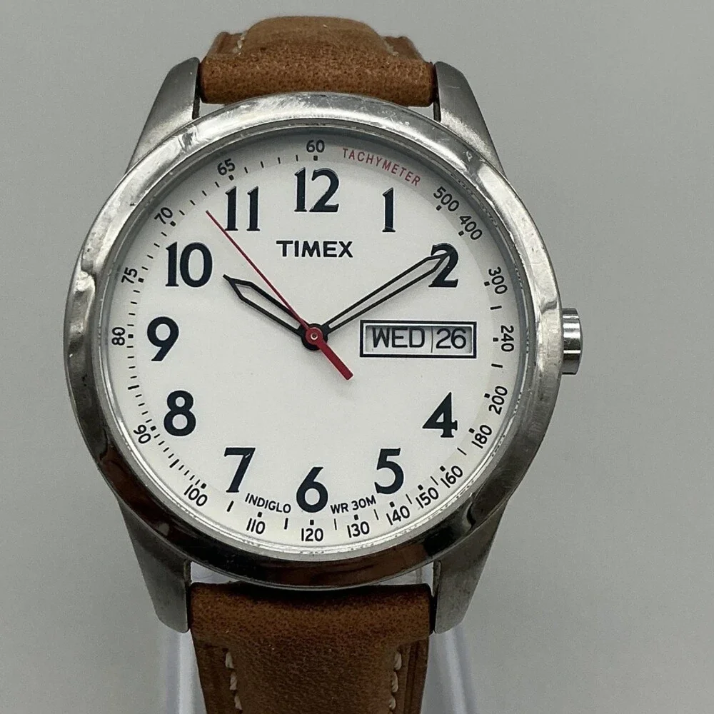 Timex Indiglo Mens Watch 36mm White Dial Brown Leather Day Date New Battery